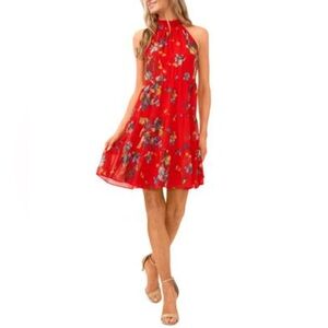 CeCe Tiered Floral Halter Neck Red Dress